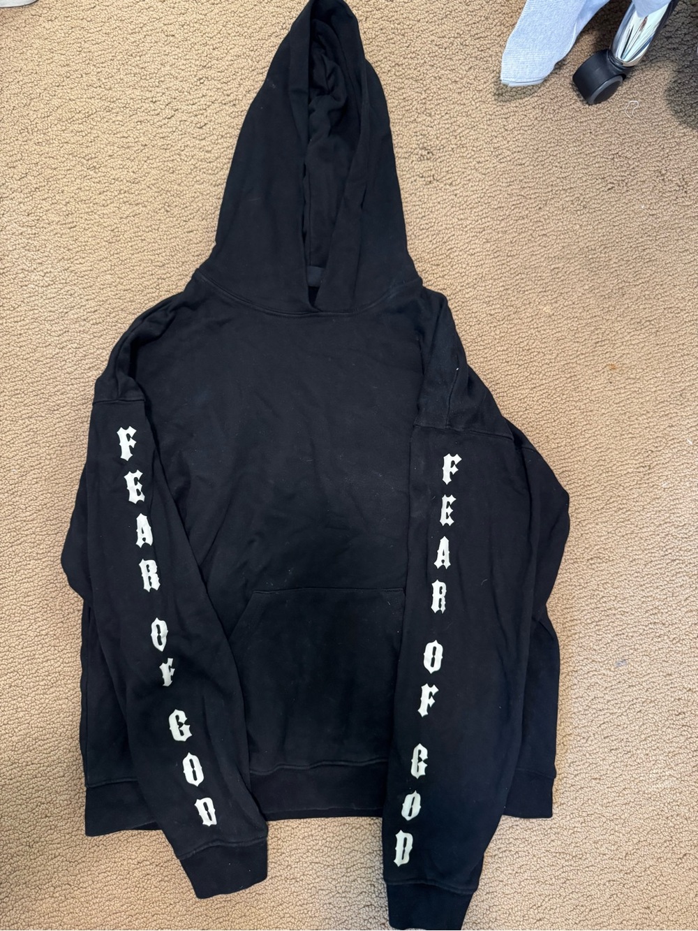 Fear of God Black Crewneck Hoodie with White Sleeve Logo